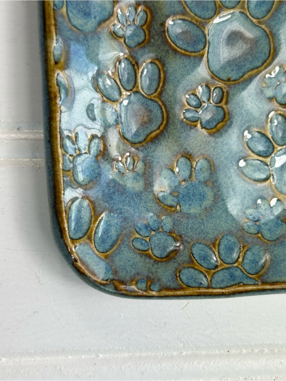 Trinket Tray Ceramic Paw Print Handmade Plate Blue Green Signed 7x3 - Picture 3 of 7